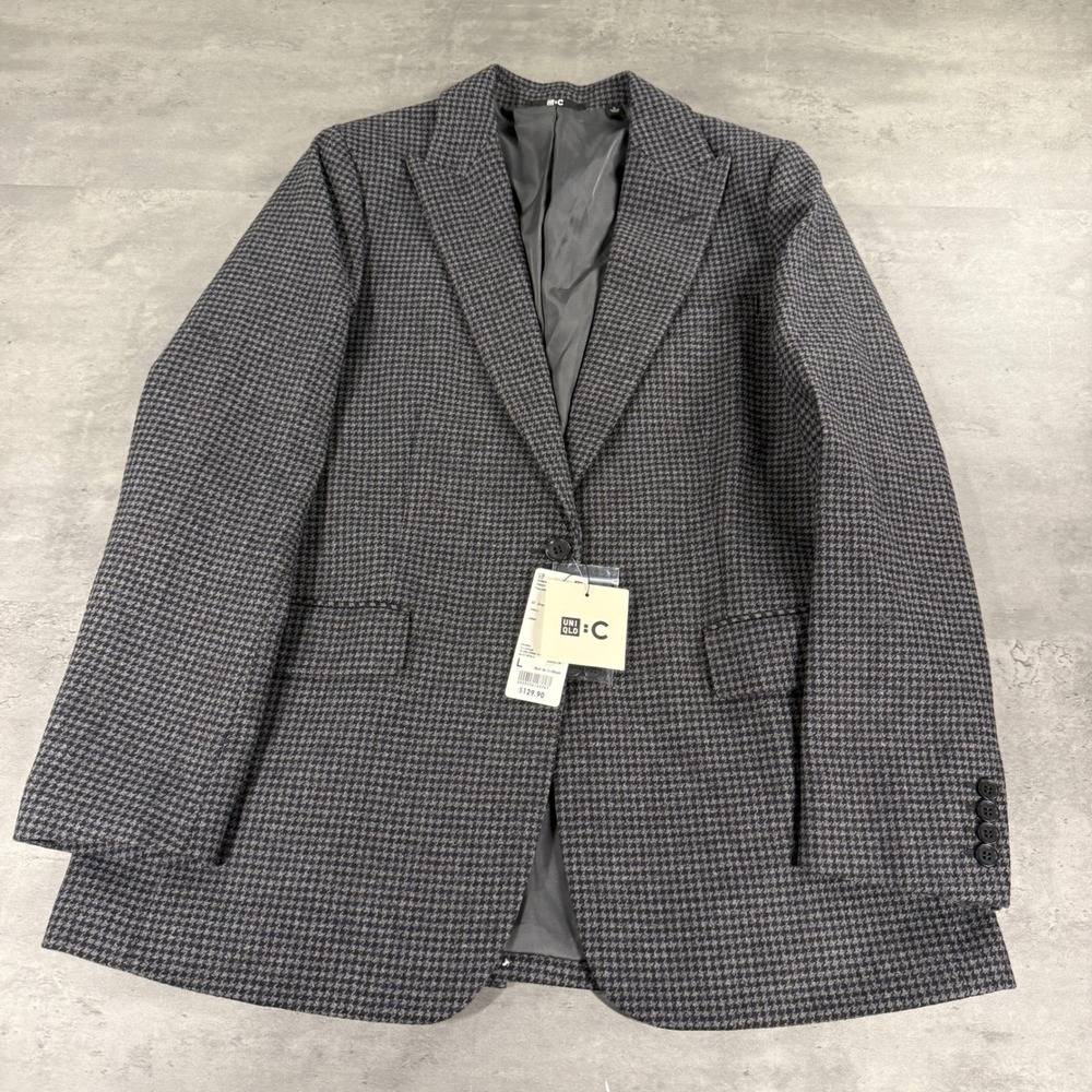 Uniqlo Blazer Womens L Tweed Jacket Gray Black Navy Wool Blend Houndstooth